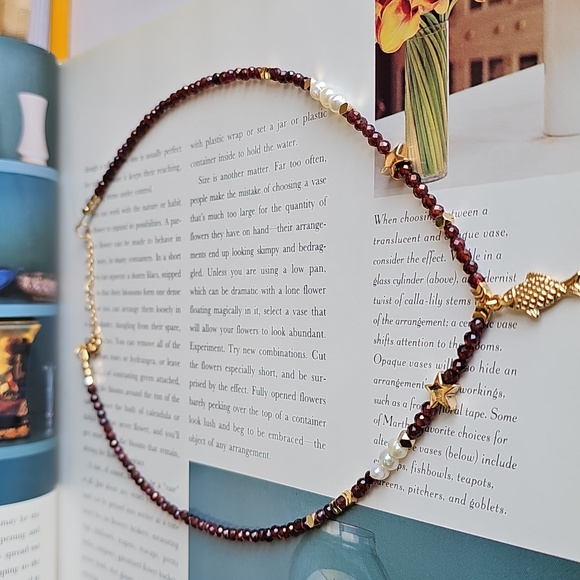 Handmade Jewelry - Garnet Freshwater Pearls Necklace with Fish Charm